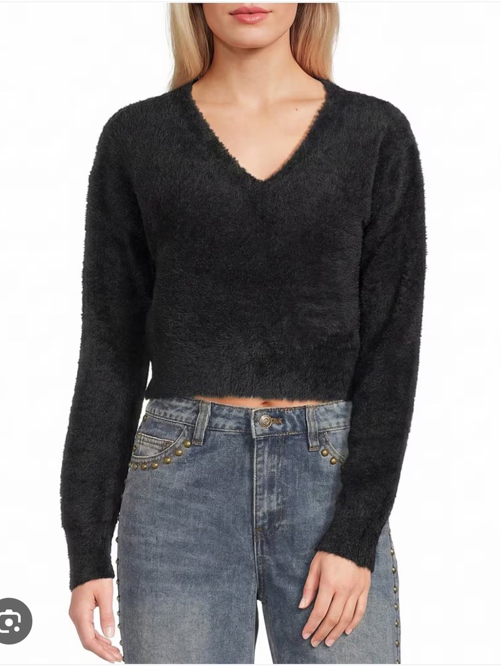 Chelsea & Violet Black V-Neck Eyelash Crop Sweater